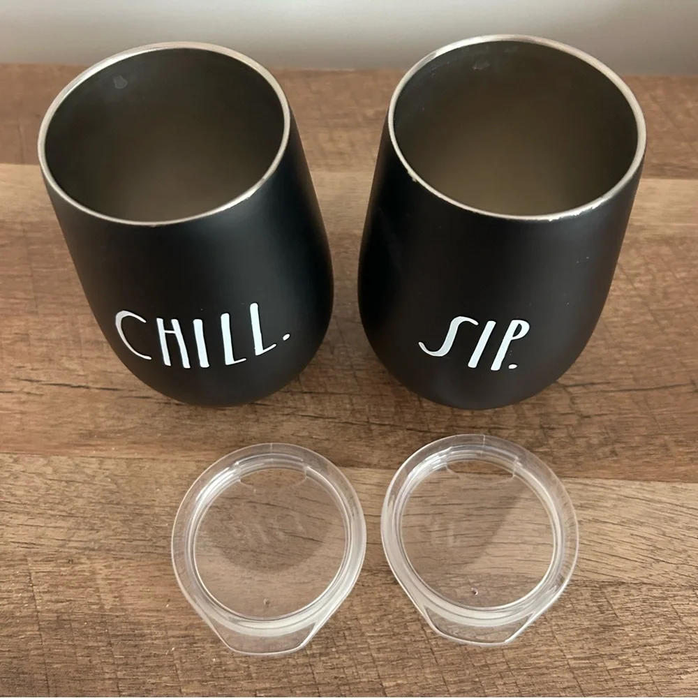 Insulated Stemless Wine Tumblers Cups Rae Dunn Sip and Chill Black Set of 2